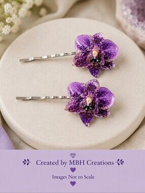 #560 HAND CRAFTED Hair Clip handmade Real Flower Resin Orchid Purple Silver